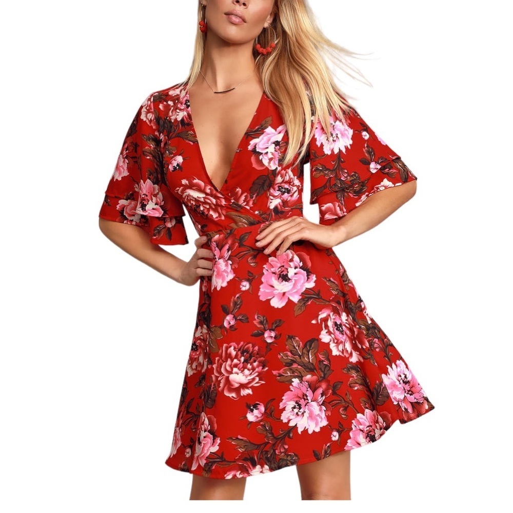 Lulus Laclair floral surplice skater mini dress red women’s large NWT